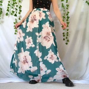 Teal and white floral print maxi skirt